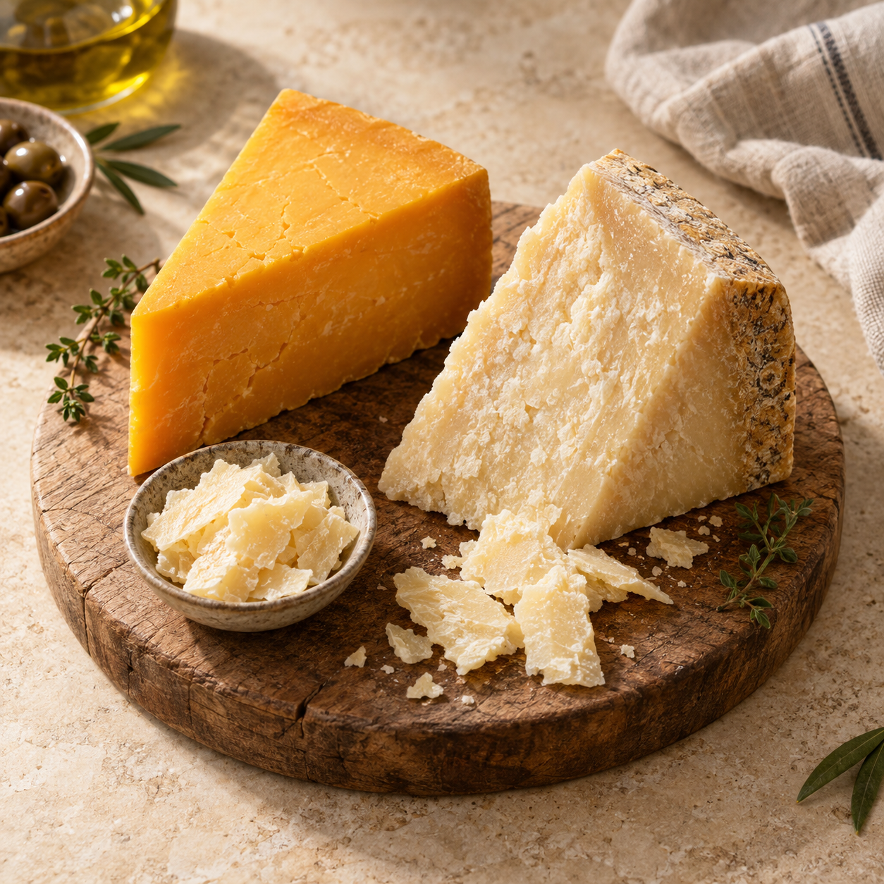 Cheddar and parmesan wedges on a wooden board