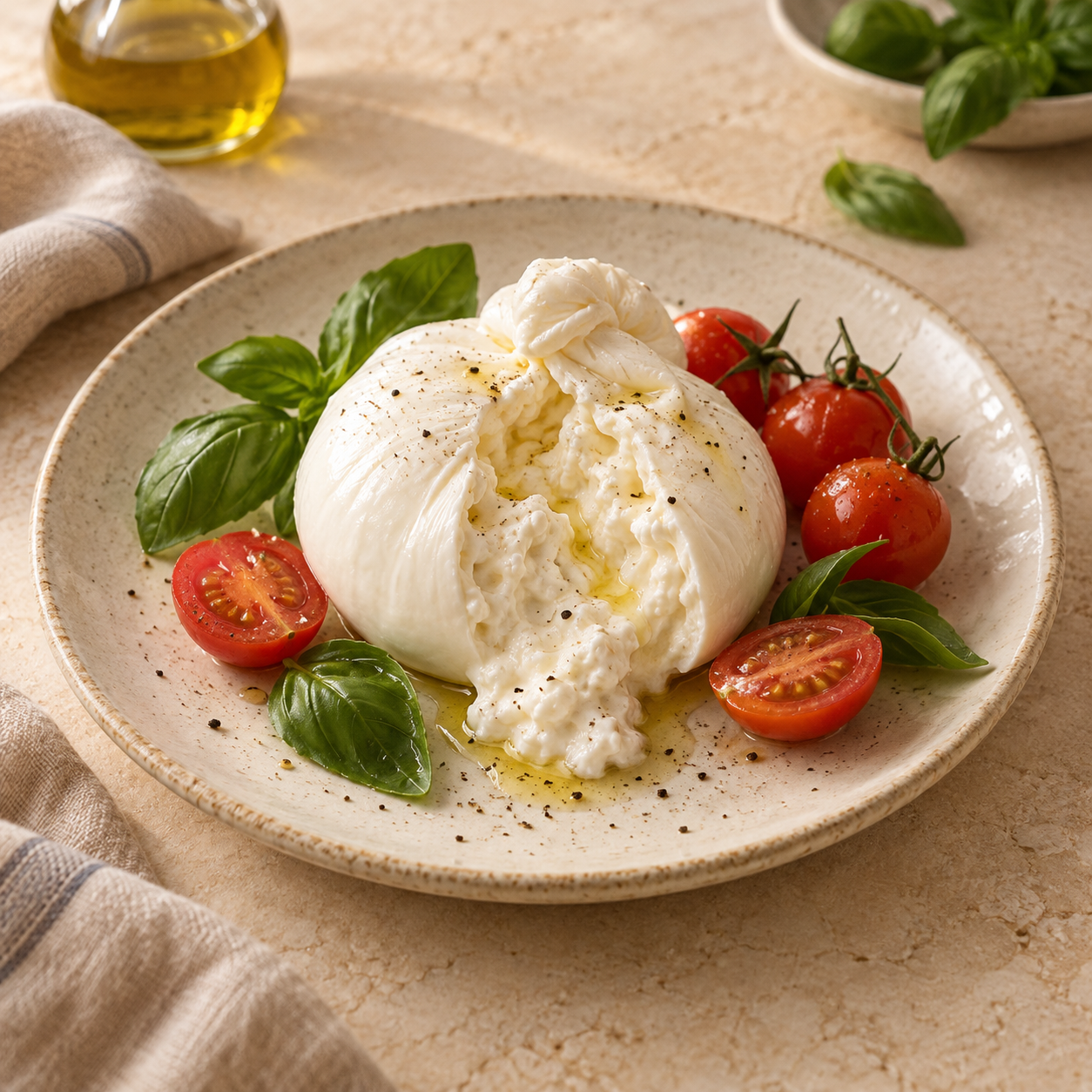 Burrata with basil and cherry tomatoes